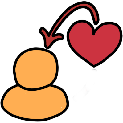 yellow-orange head and shoulders, red arrow pointing from red heart to figure